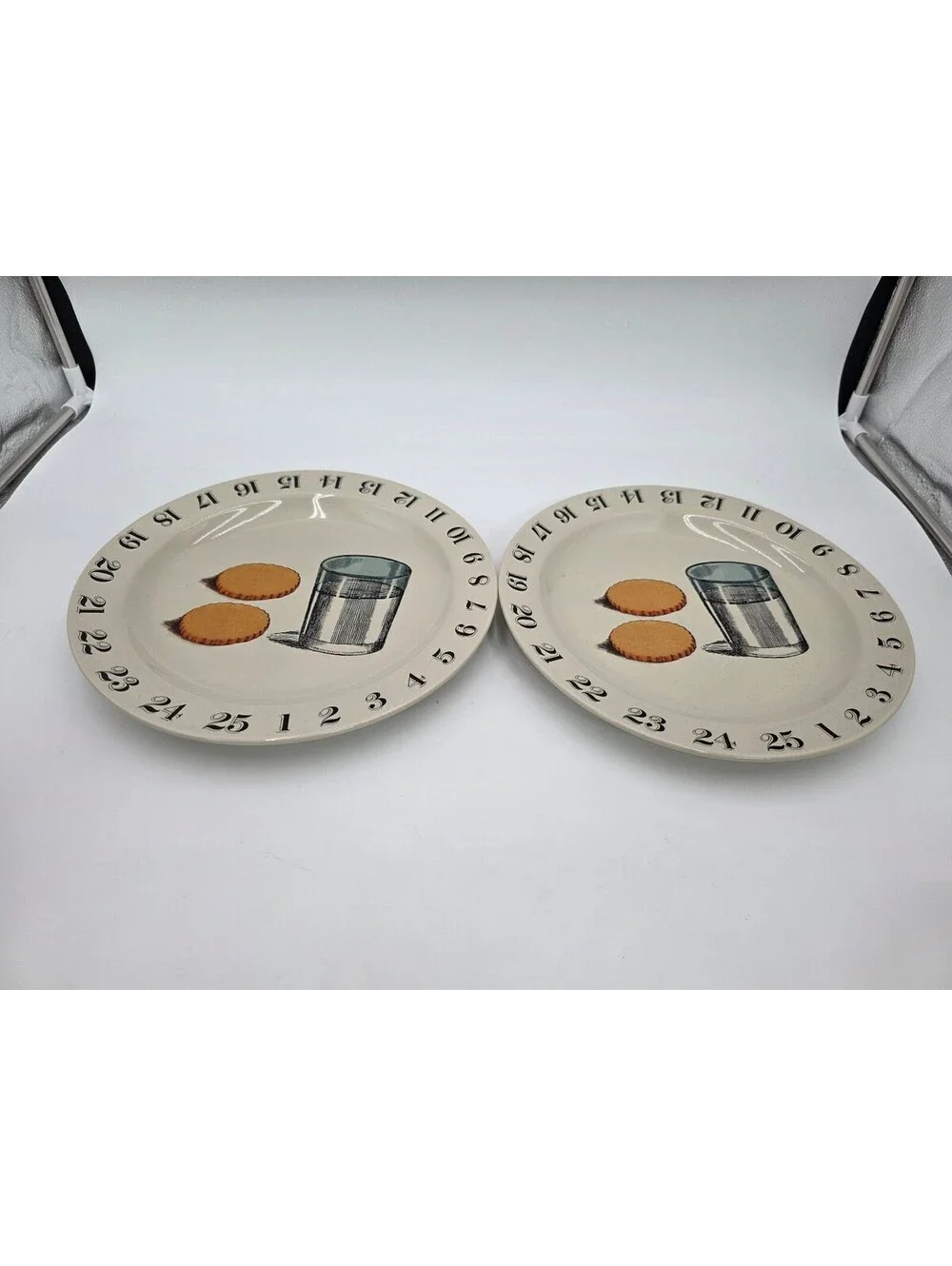 Set of 2 Vintage Ceramic Dessert Plates with Numbered Border and Cookie Design
